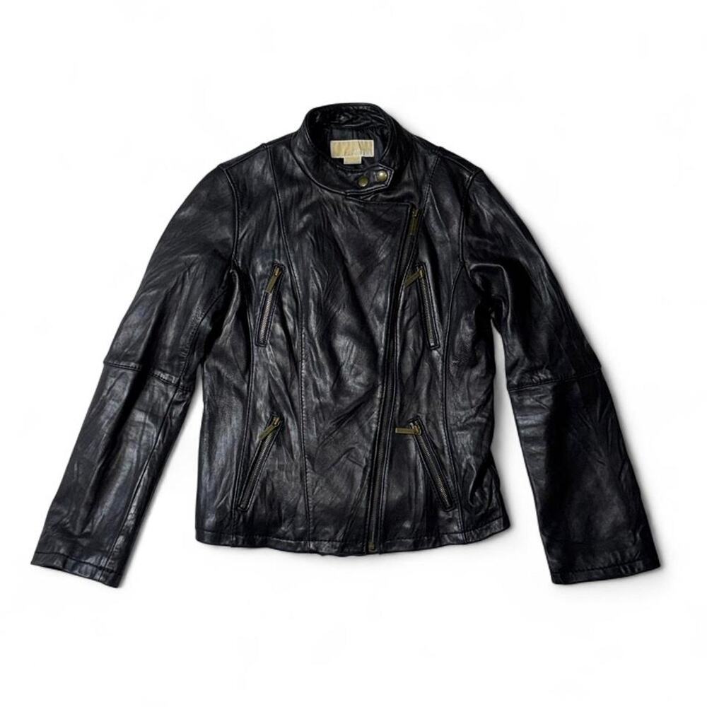 Michael Kors Black Genuine Leather Asymmetric Moto Biker Jacket Size Large